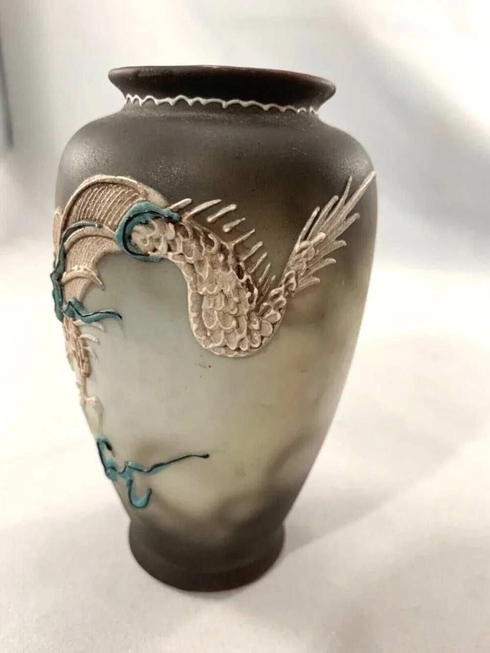 Japanese Dragon Moriage Vase Ceramic Brown Blue HandPainted Dragonware Raised